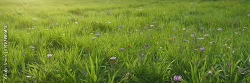 Vibrant green grass, wildflowers in bloom, sunny June day, vivid, countryside