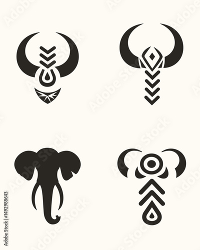 Abstract Elephant Silhouettes: Four stylized, graphic elephant designs exude tribal art motifs. The unique, minimalist aesthetic perfectly captures the essence of the majestic creature.