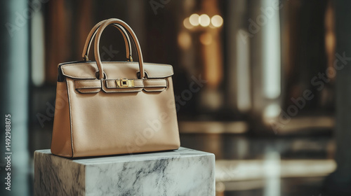 A creative asset designed around elegant assortment: premium leather handbags – kelly, birkin, and more - artfully displayed on a plush background, accessorized with shimmering silver hardware and.