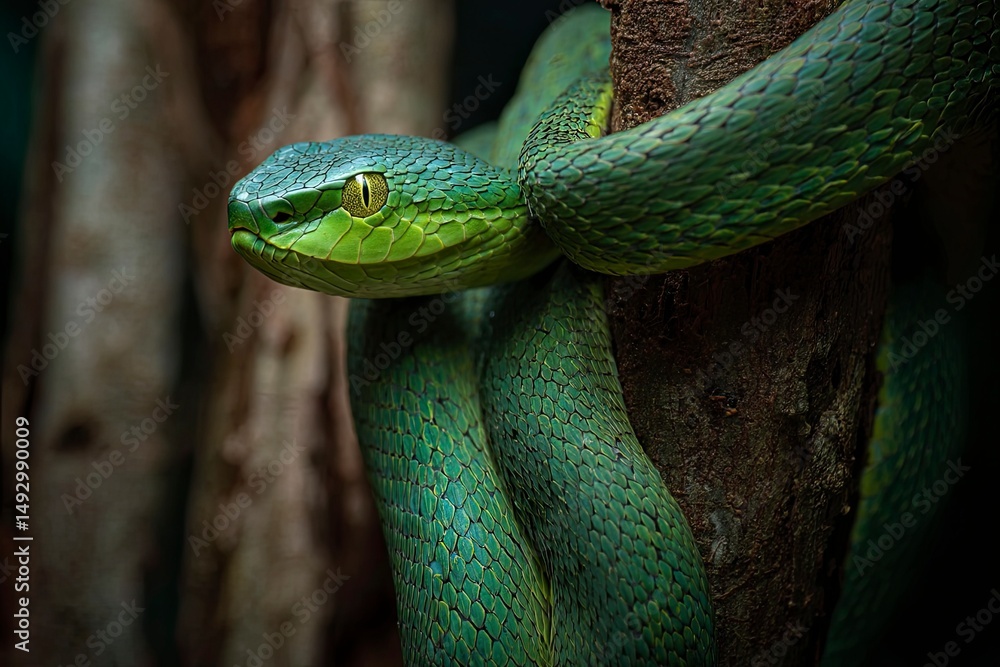 Fototapeta premium Green Tree Viper: Emerald Scales, Intense Gaze, Natural Beauty