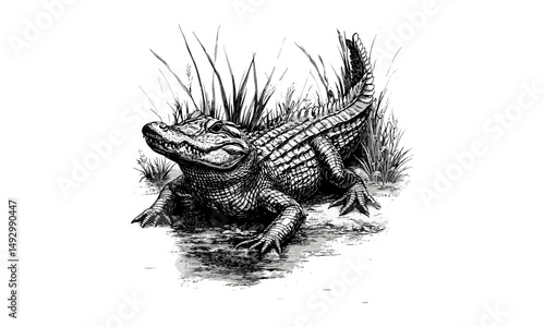 Vintage monochrome alligator engraving, hand-drawn swamp reptile, old black sketch style, trendy wildlife illustration, swamp nature decor, classic engraving artwork, detailed animal print art