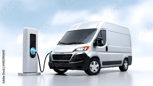 A fleet of company electric cars charging at fast charger station located at a logistics center, cargo transport and delivery, semi-trucks and vans powered by renewable solar, wind electricity energy