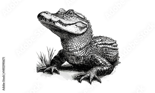 Swamp alligator hand-drawn engraving, vintage reptile illustration, monochrome etching style, black sketch, old engraving design, trendy wildlife decor, natural habitat artwork, classic animal print