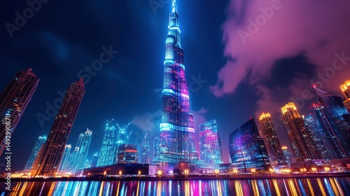 A towering skyscraper in Dubai lit up with holographic highlights of an international eSports match.