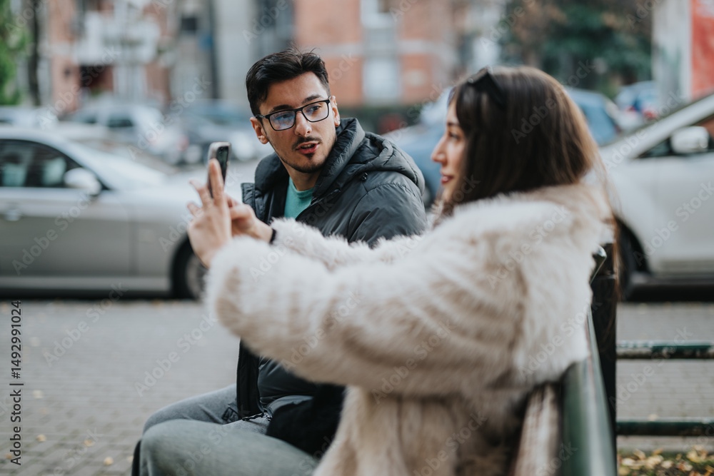 Naklejka premium A young man and woman interact outdoors, with the man smiling at the camera and the woman holding a smart phone. Urban background complements the friendly and comfortable atmosphere of the scene.