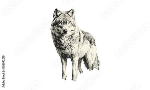 Arctic wolf vintage engraving in snow, monochrome hand-drawn sketch, wildlife winter illustration, nature decor print, trendy old style etching, wilderness animal art, mammal drawing