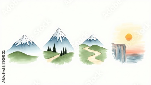 Serene Mountain Landscapes Watercolor Illustrations of Peaks Trails and Coastal Cliffs