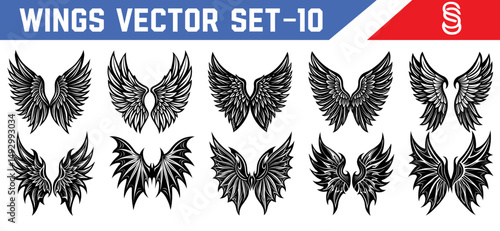 Elegant symmetrical black wings vector set angelic and demonic silhouettes for tattoos fantasy character design and gothic graphic work.