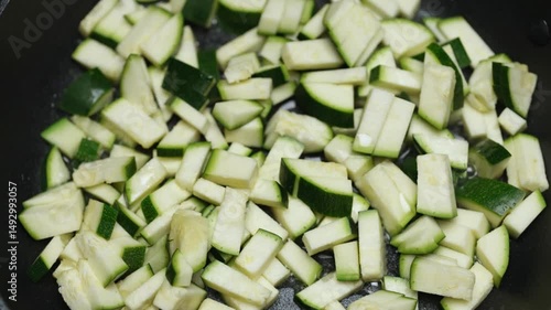 Fresh Zucchini Sizzling in Oiled Frying Skillet.