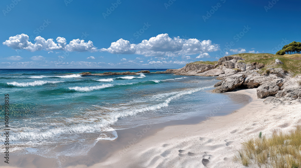 Serene beach scene with gentle waves lapping against smooth coastal stones under clear blue sky Serene beach scene with gentle waves lapping against smooth coastal stones under clear blue sky