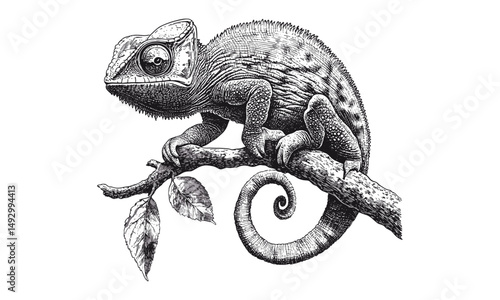 Vintage wildlife etching of chameleon, monochrome hand-drawn reptile line art, rustic fauna sketch, detailed nature illustration, old engraving style, trendy nature artwork, intricate black sketch