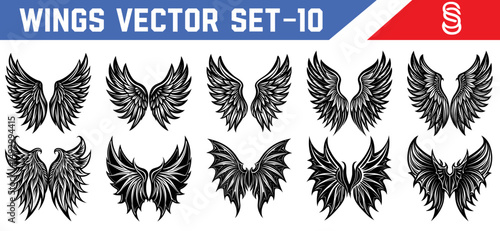 Decorative vector art of angel and demon black wings dramatic feathered silhouettes for gothic tattoos character design fantasy books and logo branding.