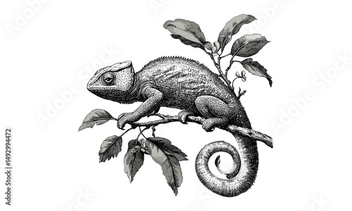 Vintage Chameleon Engraving, Monochrome Reptile Line Art, Detailed Nature Illustration, Rustic Animal Print, Retro Fauna Drawing, Old Engraving Style, Wildlife Sketch