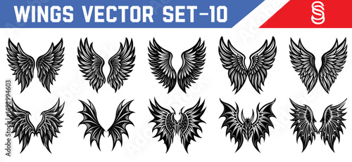 Set of dramatic black wings in angelic and demonic styles perfect for fantasy illustration tattoo concepts dark design assets and mythological graphic compositions.