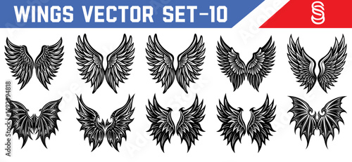 Set of mystical black wings vector silhouettes angelic and demonic feather styles for use in fantasy design art tattoos and character creation.