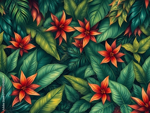 Wallpaper Mural Vibrant tropical foliage pattern creates a lively jungle background with painterly textures and a contemporary artistic style. Torontodigital.ca
