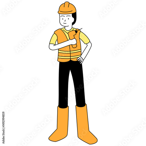Flat outline illustration of a construction worker with tools used and a worker suit