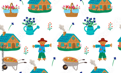 cottagecore seamless pattern with rustic houses scarecrows and flowers in whimsical garden style for cozy home decor and fabric design