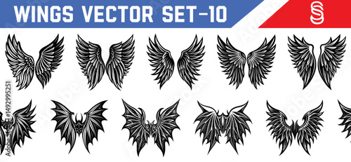 Symmetrical fantasy black wings in vector form featuring angelic and demonic themes for tattoo ideas illustration books and mystical concepts.