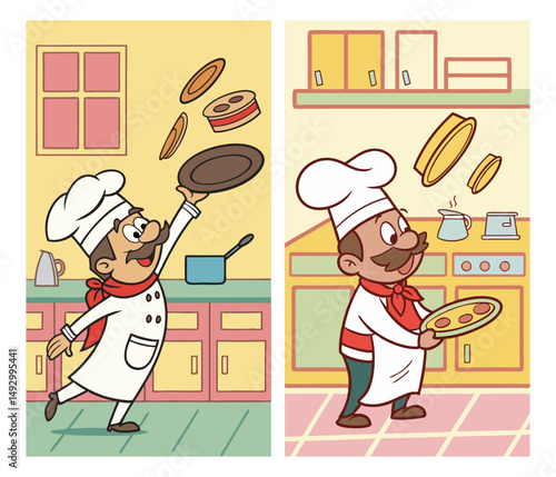 A lively and cheerful chef in a white cap skillfully juggles kitchen utensils. For restaurant menus, culinary schools