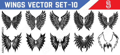 Angelic and demonic wing vector art collection featuring symmetrical black feathered silhouettes for use in design tattoos and spiritual concepts.