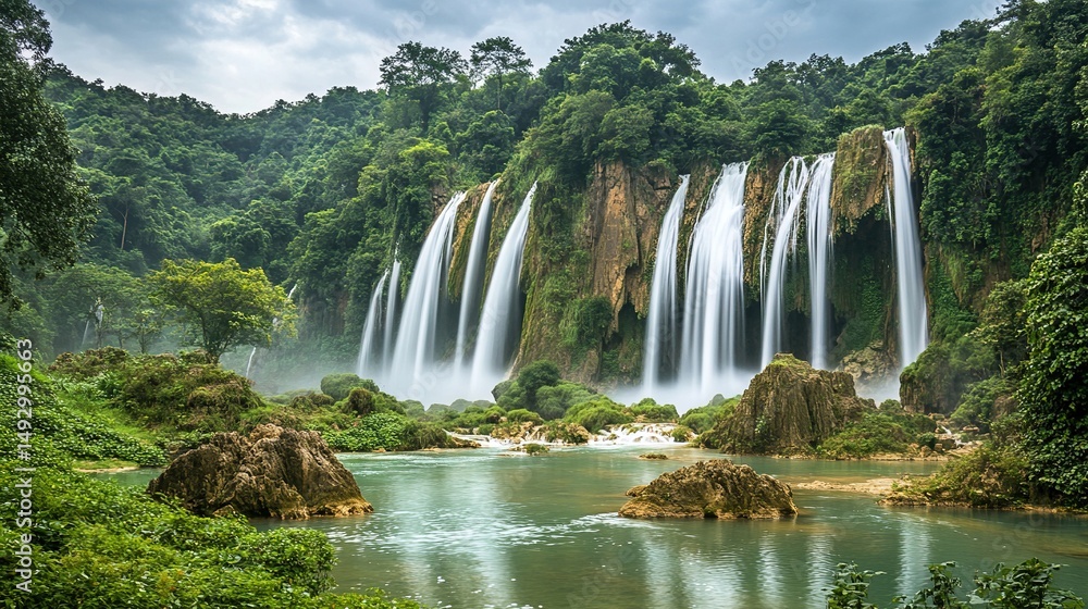 Fototapeta premium A spectacular waterfall cascades down a lush jungle canyon, captured in a long exposure of silky flowing water, surrounded by dramatic rock formations and lush tropical vegetation.