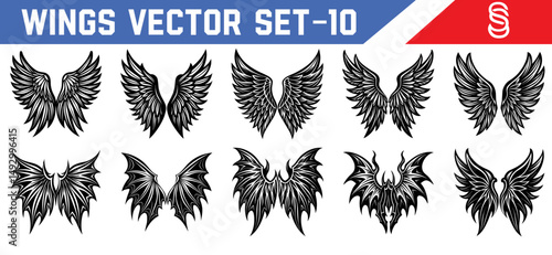 Set of black wings in angelic and demonic styles vector silhouettes perfect for mythology illustrations gothic tattoos fantasy games and digital design.