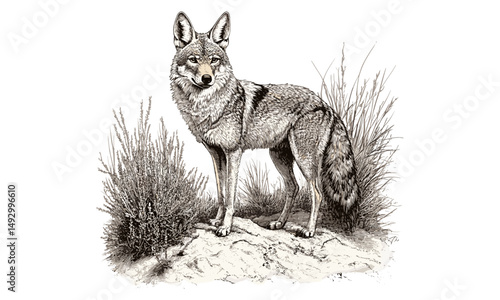 Desert coyote drawing, vintage engraving style, hand-drawn monochrome mammal, wilderness illustration, trendy animal sketch, old etching art, rustic nature wall decor,