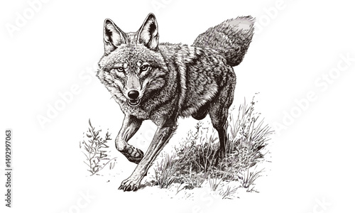 Coyote Running Hand-drawn Engraving, Vintage Animal Etching, Monochrome Wild Mammal Line Art, Rustic Black Sketch, Detailed Nature Fauna Illustration, Old engraving style, trendy wildlife art