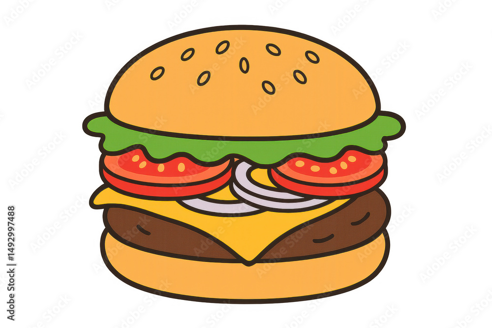 Cartoon hamburger layered with lettuce, tomato, onion, cheese, resting on transparent background Cartoon hamburger layered with lettuce, tomato, onion, cheese, resting on transparent background