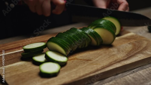 Female Chef Slicing Zucchini on Wooden Cutting Board.