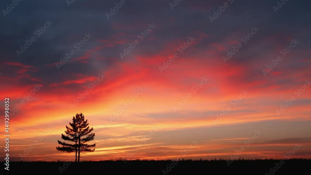 Dramatic sunset sky with a silhouette of a single tree. Ideal for ...