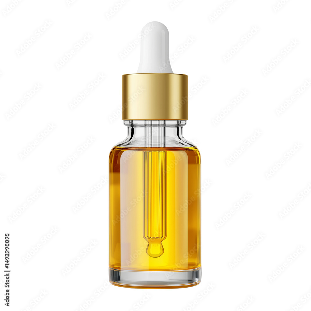 Glass dropper bottle filled with golden oil on white background Glass dropper bottle filled with golden oil on white background