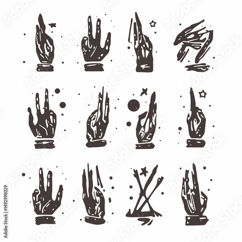 Gesture art set: This captivating graphic presents a set of intricately crafted hand gestures, rendered in a striking illustrative style.