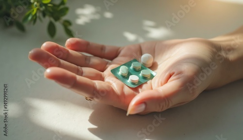 Hand holding pills and a blister pack, symbolizing medicine, healthcare, and treatment, with natural light and a plant adding a calming touch.