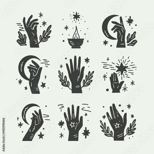 Celestial Guidance: A collection of mystical hand illustrations, each delicately rendered against a soft backdrop. These artworks evoke a sense of esoteric knowledge.