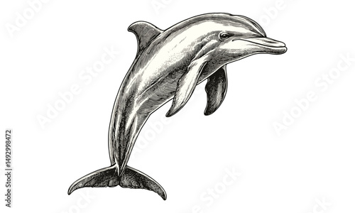 Hand-drawn dolphin engraving, vintage marine mammal etching, black sketch style, nautical ocean decor, coastal wildlife art, old engraving illustration, seaside vintage print, trendy design