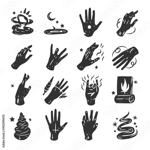 Esoteric Hand Gestures: A collection of mysterious and symbolic hand gestures, illustrated in a simple, yet evocative style, each gesture hinting at hidden meanings and cosmic connections.