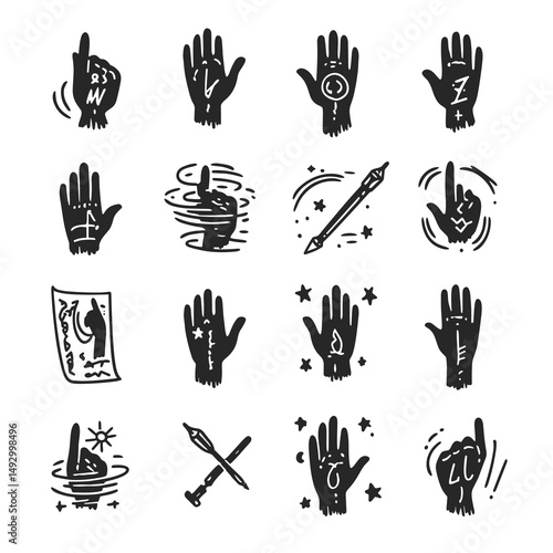 Mystic Hands: An enchanting array of illustrated hands each bearing unique markings and symbols, hinting at untold stories.