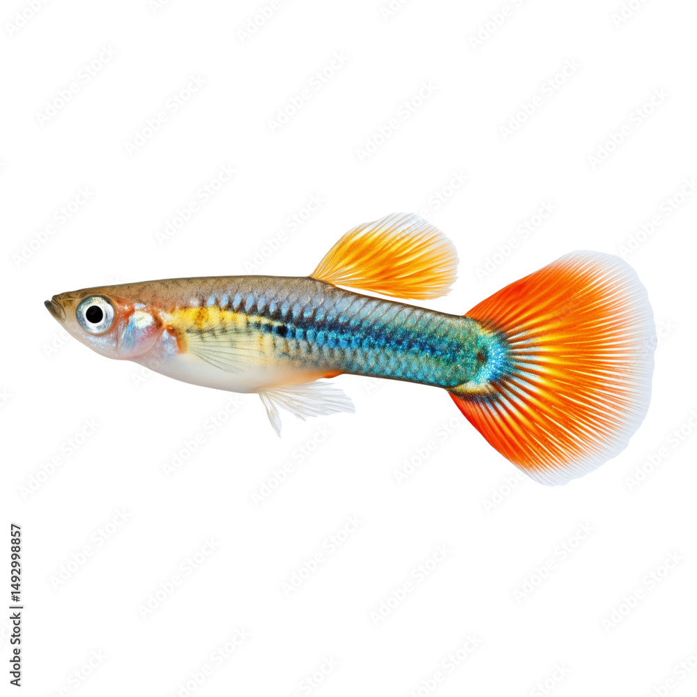 Fototapeta premium Male guppy fish with vibrant tail on white background