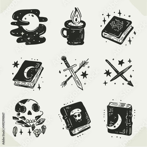 Mystical collection of Illustration: A captivating collection of illustrated witchy elements, ideal for designs seeking a touch of enchantment. Featuring a celestial moon, spellbinding candles.