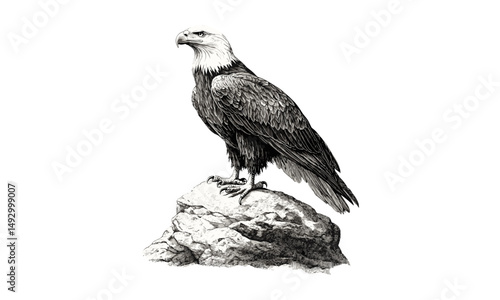 Eagle perched on rock, hand-drawn engraving, monochrome bird of prey, vintage wildlife etching, detailed fauna illustration, rustic ornithology print, black sketch, old engraving style