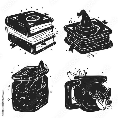 Enchanting Magic Illustration Set: A collection of whimsical illustration in a classic black and white style, capturing the allure of magic and mysticism with books and a witch's cauldron.
