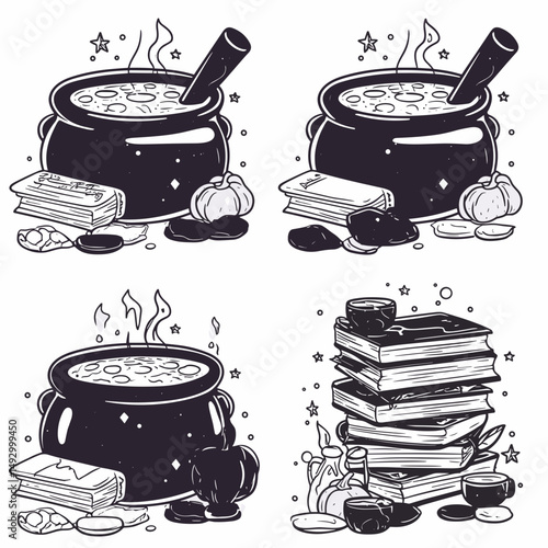 Bewitching Brew: A collection of bewitching illustrations showcases a steaming cauldron bubbling, books, and mystical elements in an enchanting scene, evoking a sense of magic and mystery. 