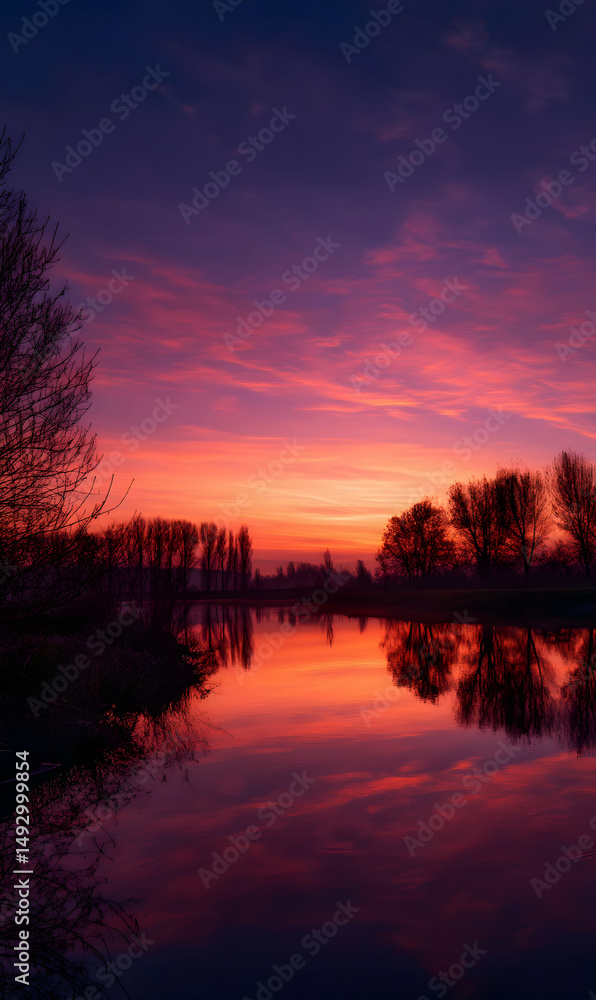Fototapeta premium Scenic sunset over tranquil lake reflects vibrant colors creating a peaceful and serene atmosphere