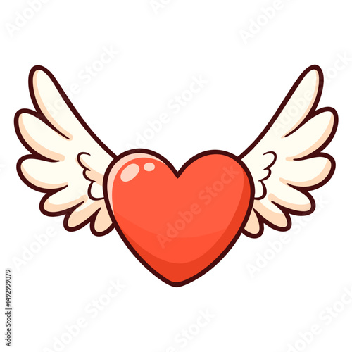 Red heart with white wings, flying free, love concept, doodle isolated cute clean and simple cartoon vector illustration