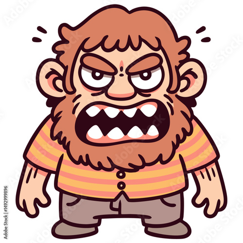 Ugly angry man, caricature frowning male with sharp teeth, grotesque angry coworker, annoying neighbor or husband, doodle cartoon character, isolated cute clean and simple vector illustration