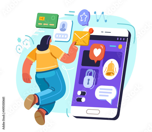 Woman using different mobile applications on smartphone. Internet network connection, digital marketing and social media