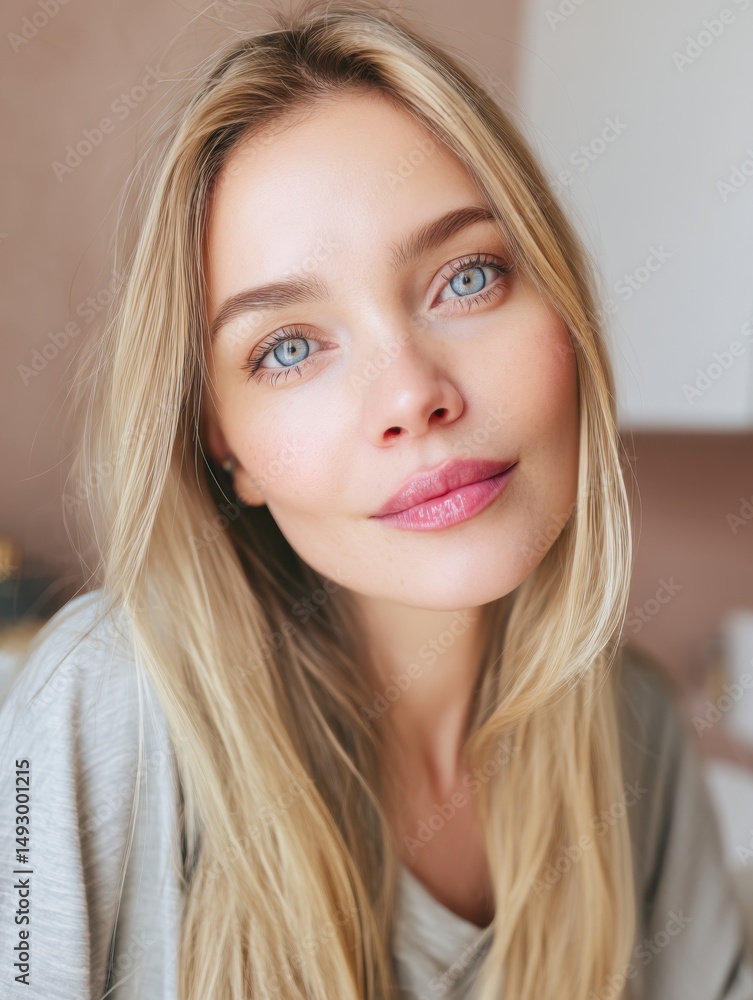 Young woman with long blonde hair and blue eyes smiles softly in a minimalist indoor setting during daylight hours Young woman with long blonde hair and blue eyes smiles softly in a minimalist indoor setting during daylight hours