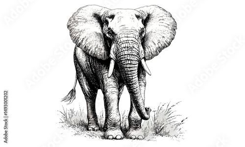 Old Style Elephant Engraving, Vintage Savannah Scene, Monochrome African Wildlife Etching, Hand Drawn Mammal Illustration, Nature Fauna Art, retro sketch style
